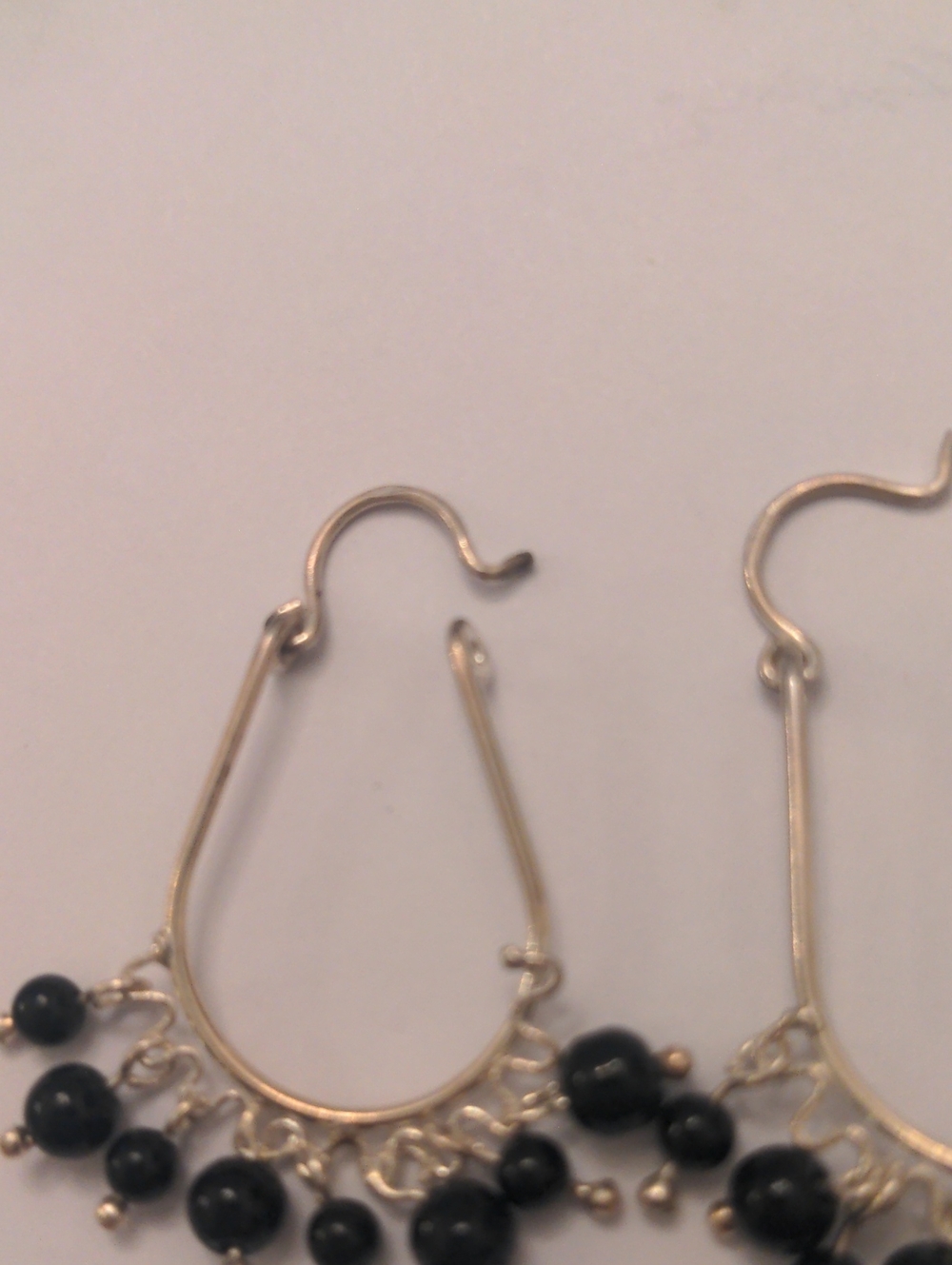 New Sterling Silver Hoop Earrings, Black Onyx  Bead Fringe, Drop, Dangle  1 1/4" - Picture 3 of 6